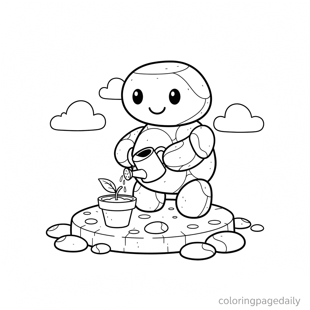 Pebble Golem Tends a Plant - Daily printable coloring page in Kids - Mythical Creature category