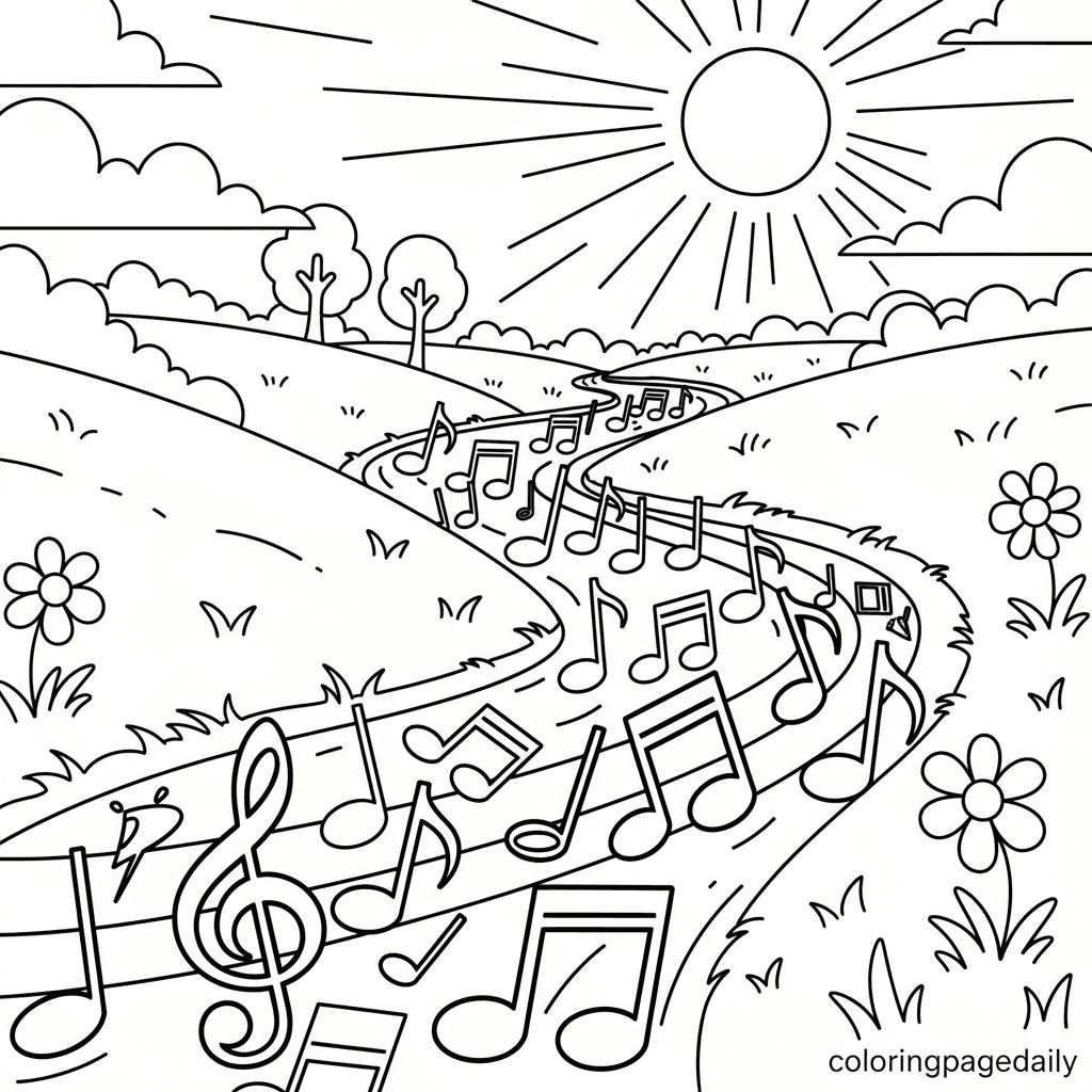 The Magical River of Music - Daily printable coloring page in Kids - Scenery category