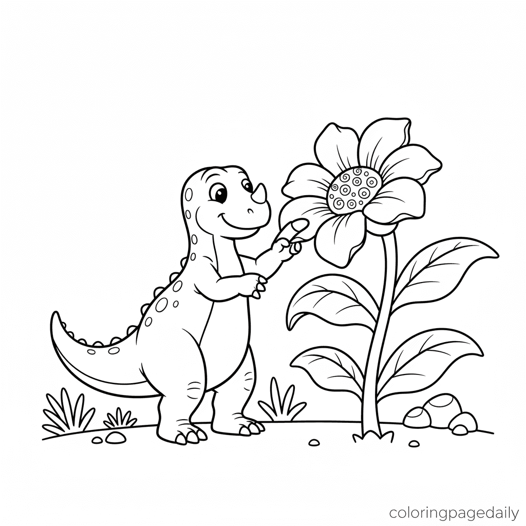 Iguanodon Investigates a Flower - Daily printable coloring page in Kids - Dinosaur category