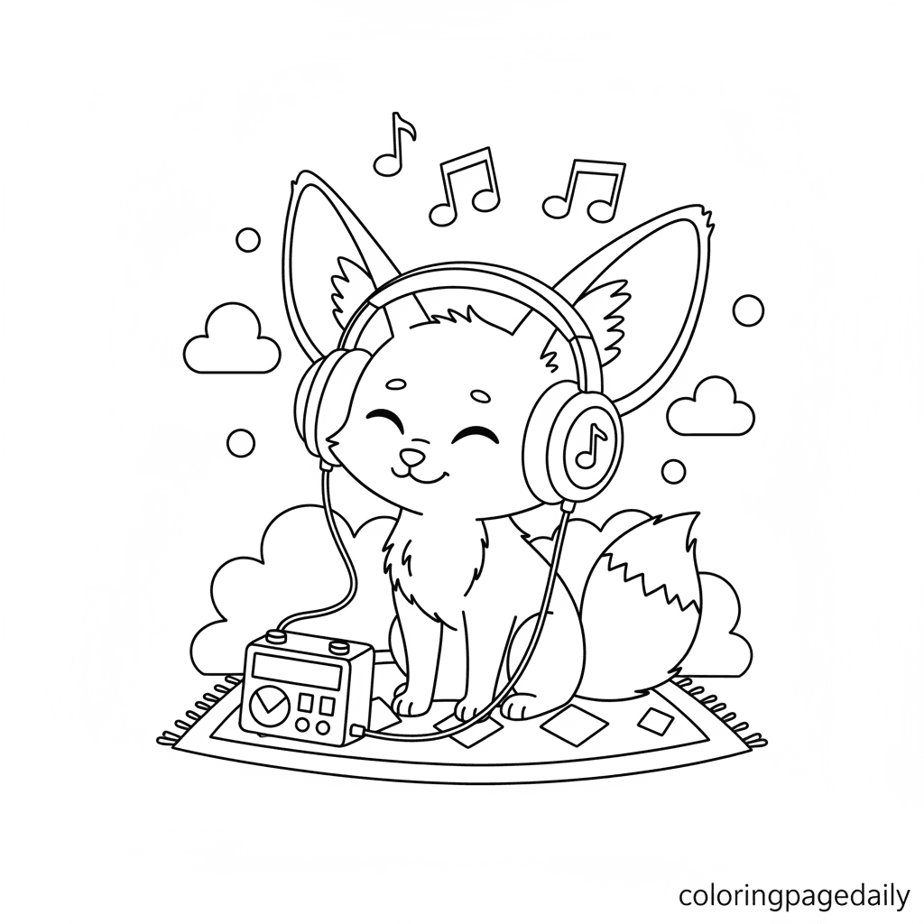Fennec Fox Listens to Music - Daily printable coloring page in Kids - Animals category