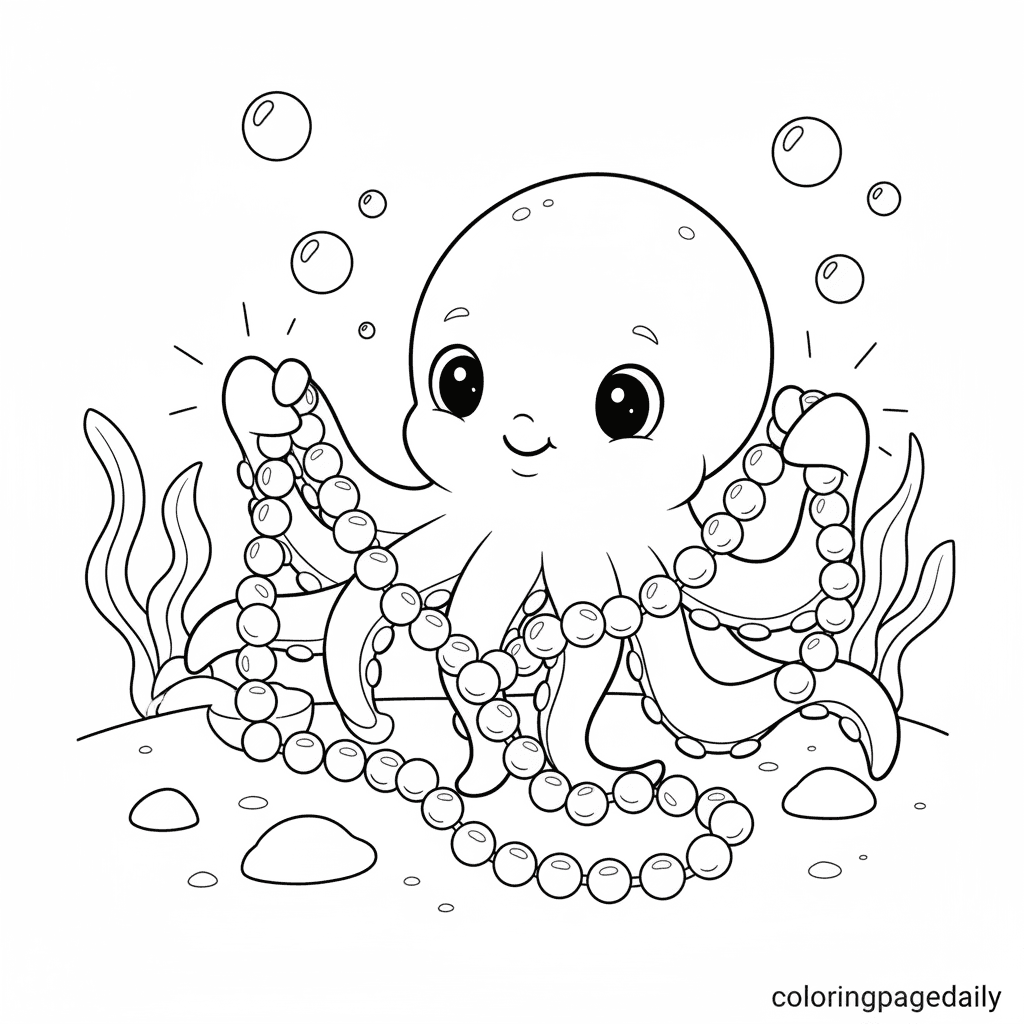 Baby Kraken Untangles Pearls - Daily printable coloring page in Kids - Mythical Creature category