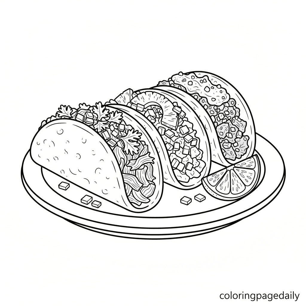 Delicious Mexican Street Tacos - Daily printable coloring page in Kids - Food category