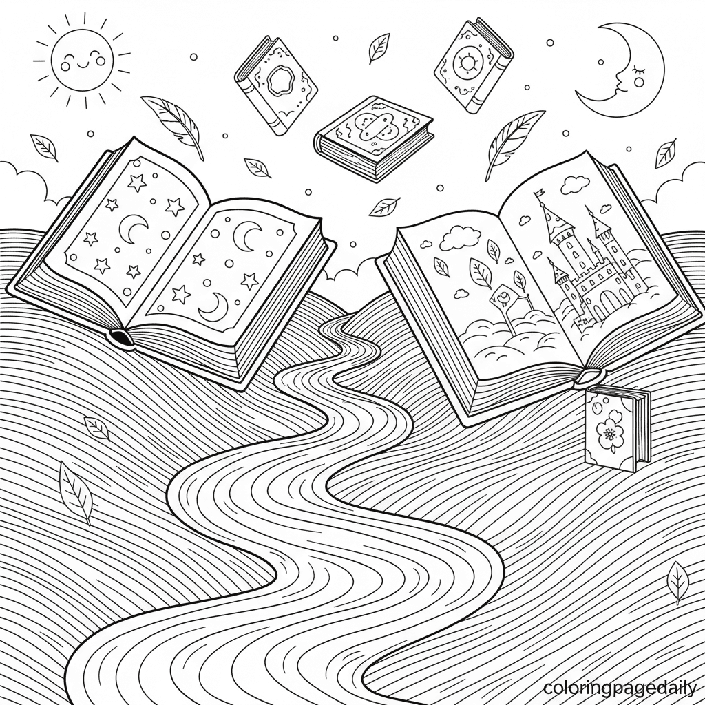 The Magical Land of Books - Daily printable coloring page in Kids - Scenery category