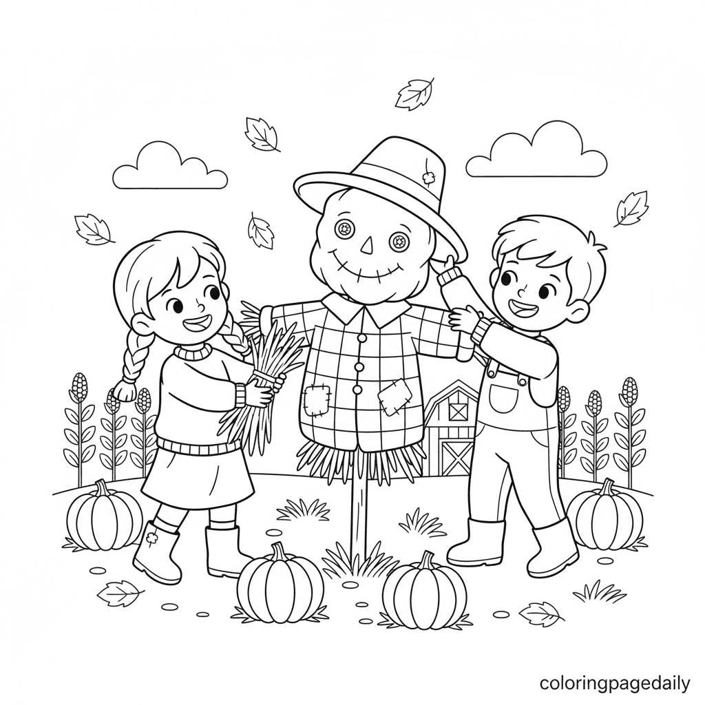 Kids Build a Friendly Scarecrow - Daily printable coloring page in Kids - Thanksgiving category