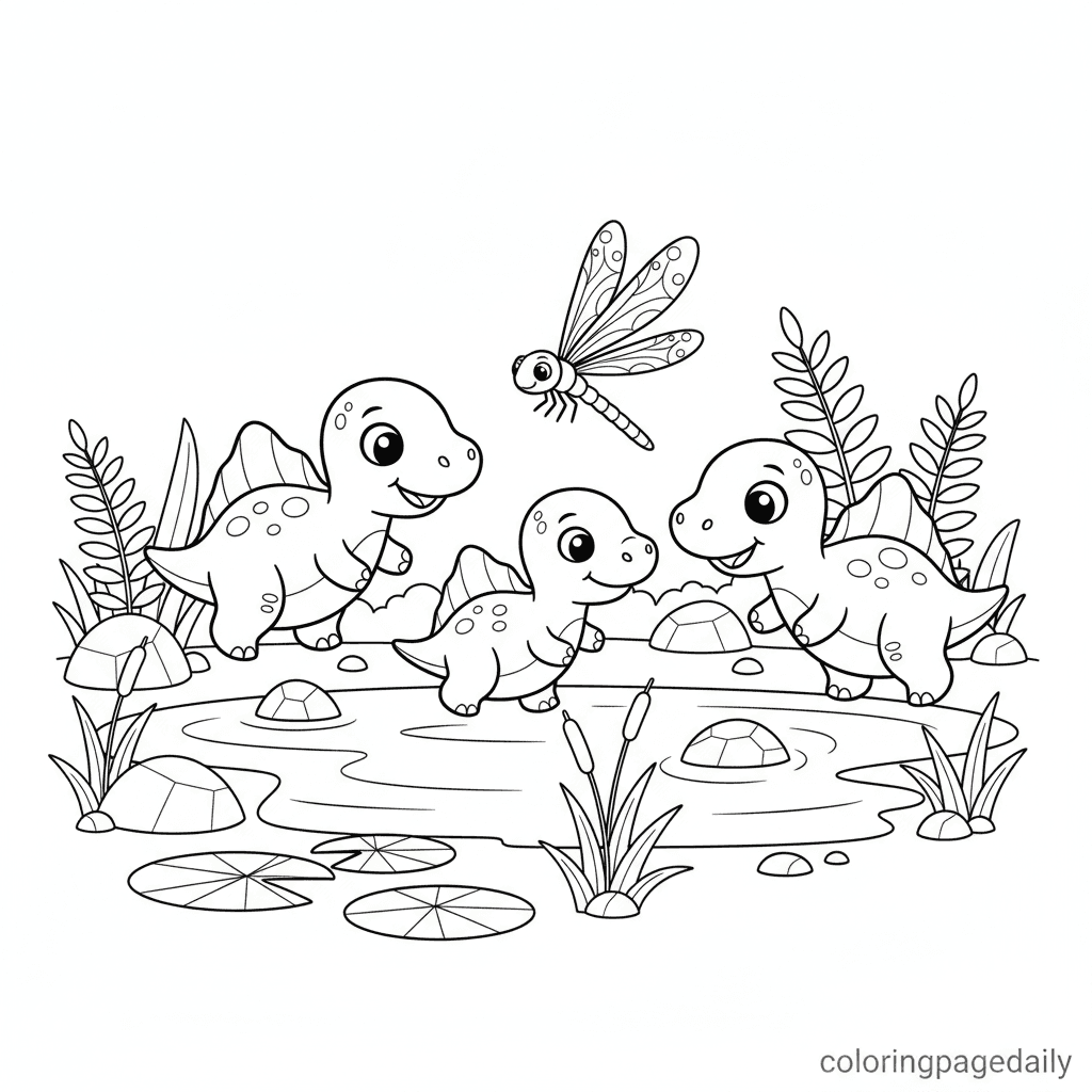 Baby Dinosaurs Chase a Dragonfly - Daily printable coloring page in Kids - Dinosaur category
