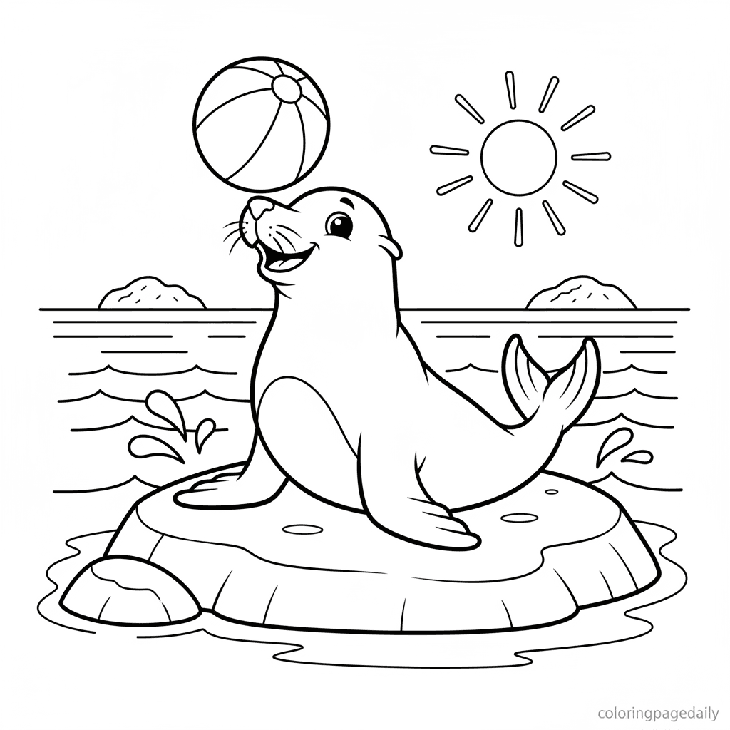 Sea Lion Balances a Beach Ball - Daily printable coloring page in Kids - Ocean and Underwater Life category