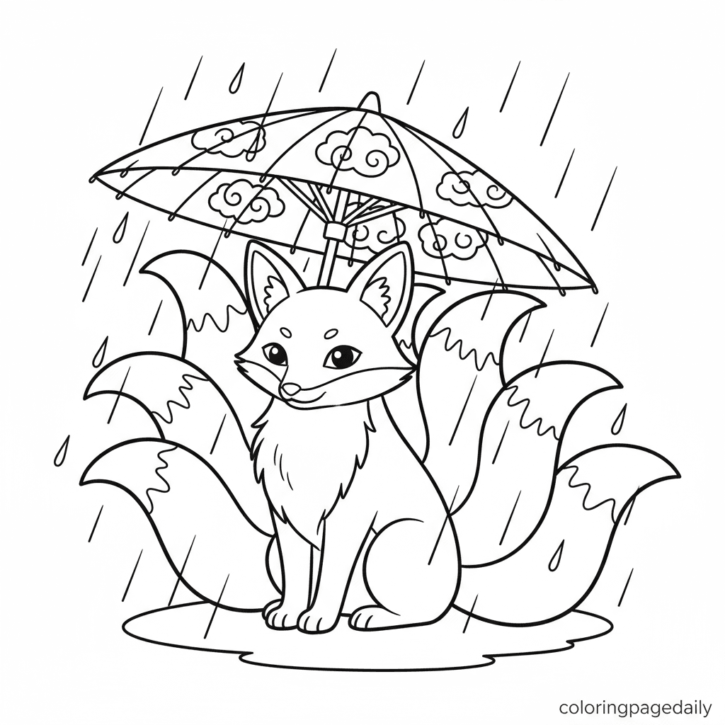 Kitsune's Magical Rain Shield - Daily printable coloring page in Kids - Mythical Creature category