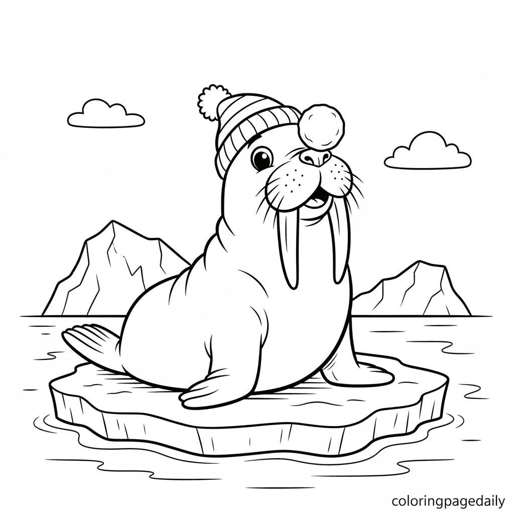 Walrus Balances a Snowball - Daily printable coloring page in Kids - Winter and Snow Season category