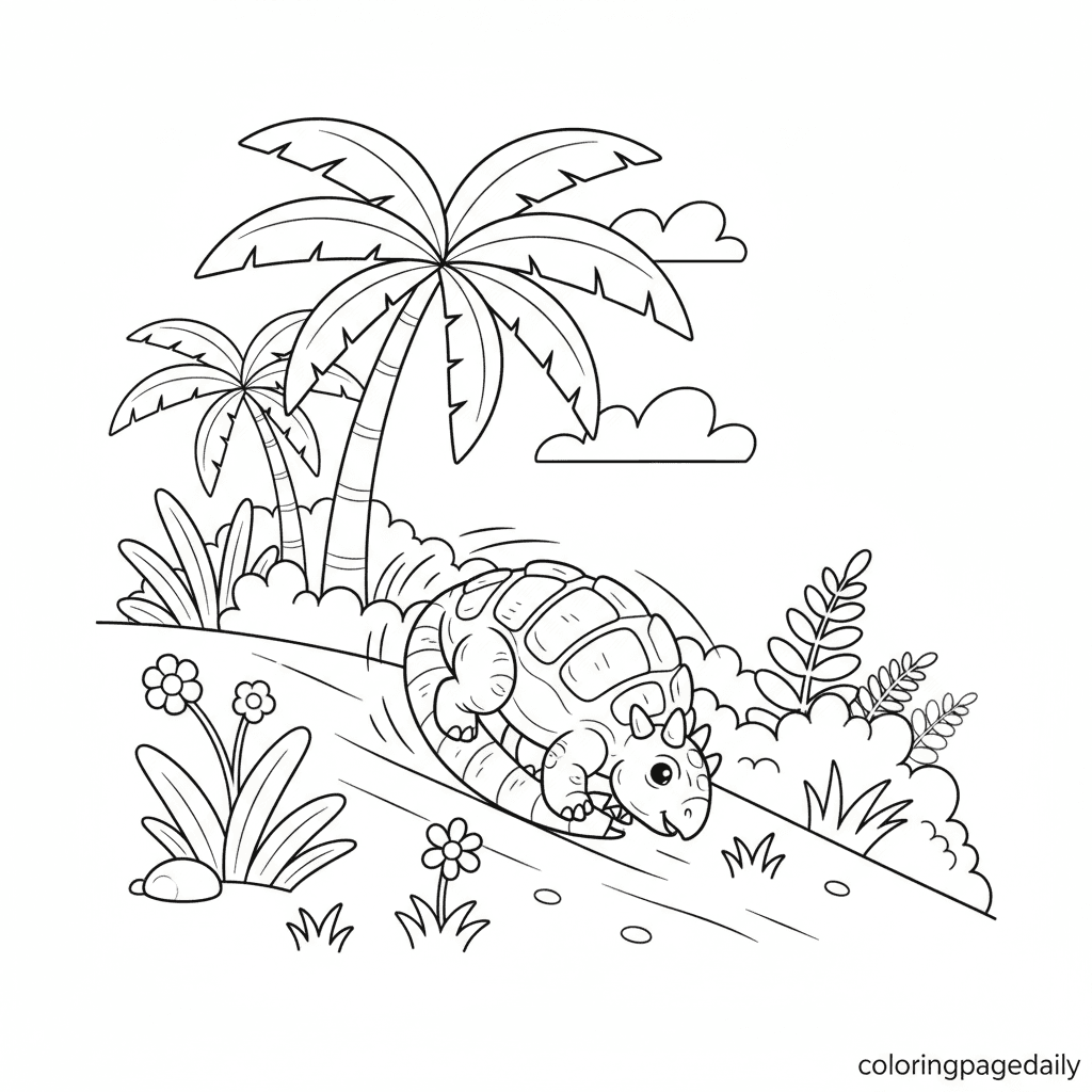 Ankylosaurus Rolls Down a Hill - Daily printable coloring page in Kids - Dinosaur category
