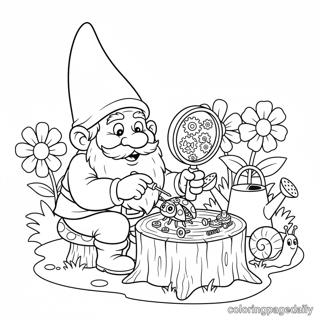 Gnome Invents a Clockwork Bug - Daily printable coloring page in Kids - Mythical Creature category