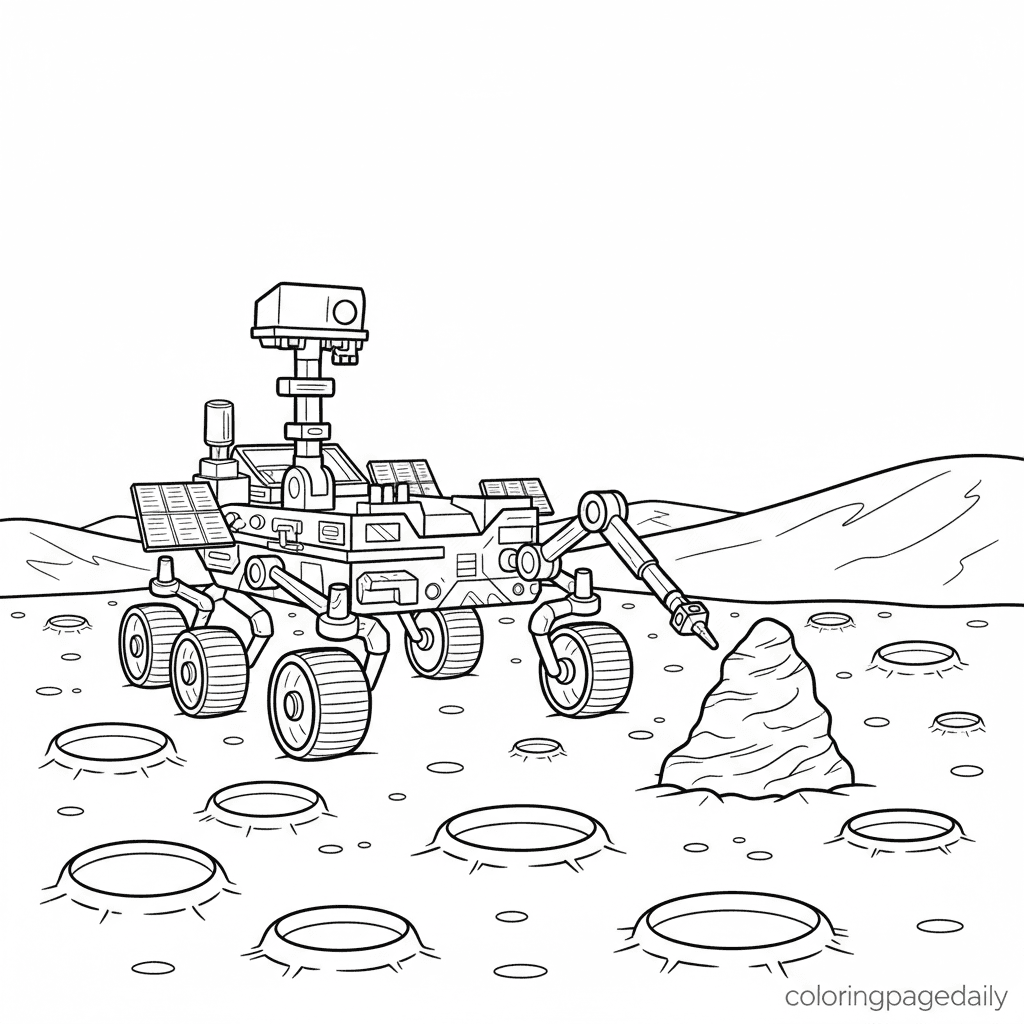 Mars Rover Examines a Rock - Daily printable coloring page in Kids - Space category