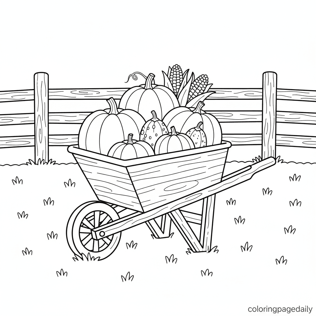 Wheelbarrow's Autumn Harvest - Daily printable coloring page in Kids - Thanksgiving category