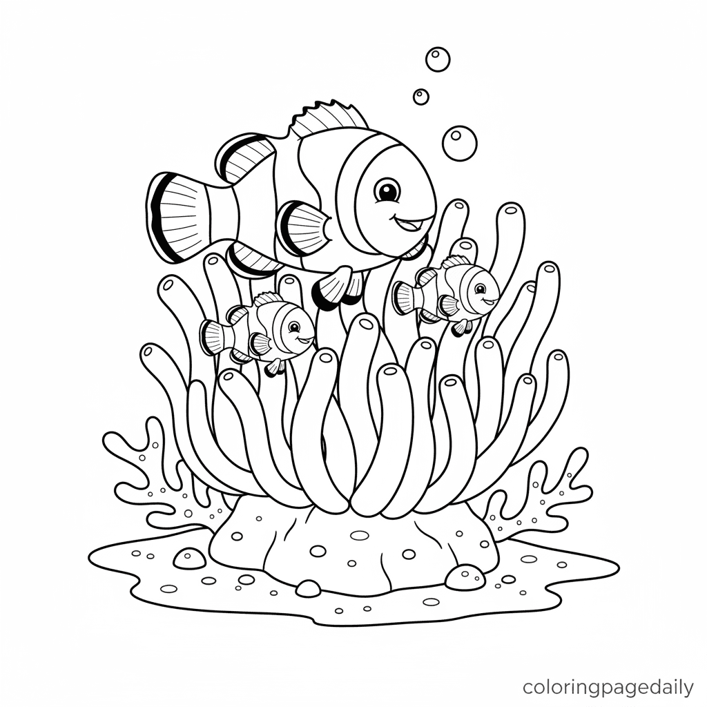 Clownfish Family in Anemone - Daily printable coloring page in Kids - Ocean and Underwater Life category