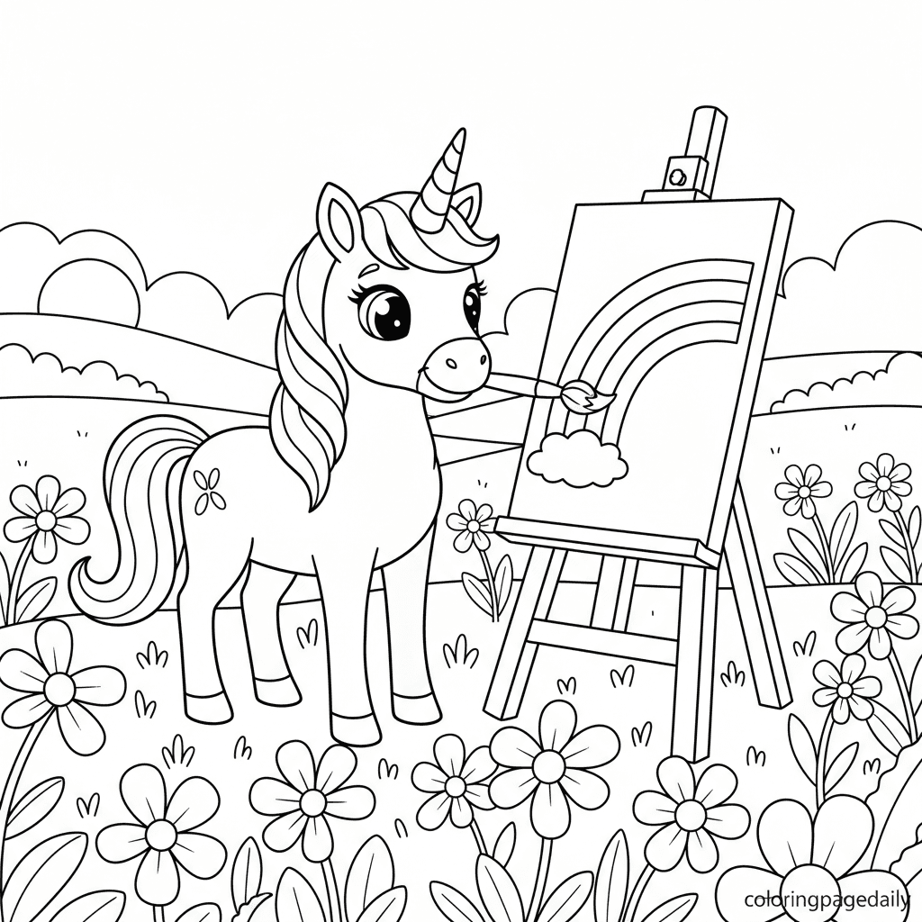 Unicorn Painting a Rainbow - Daily printable coloring page in Kids - Mythical Creature category