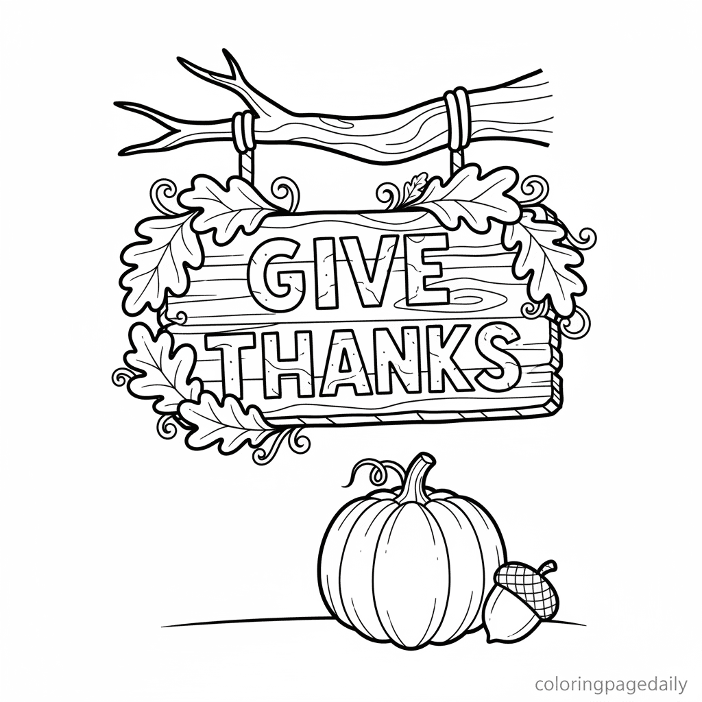 Autumn Give Thanks Sign - Daily printable coloring page in Kids - Thanksgiving category