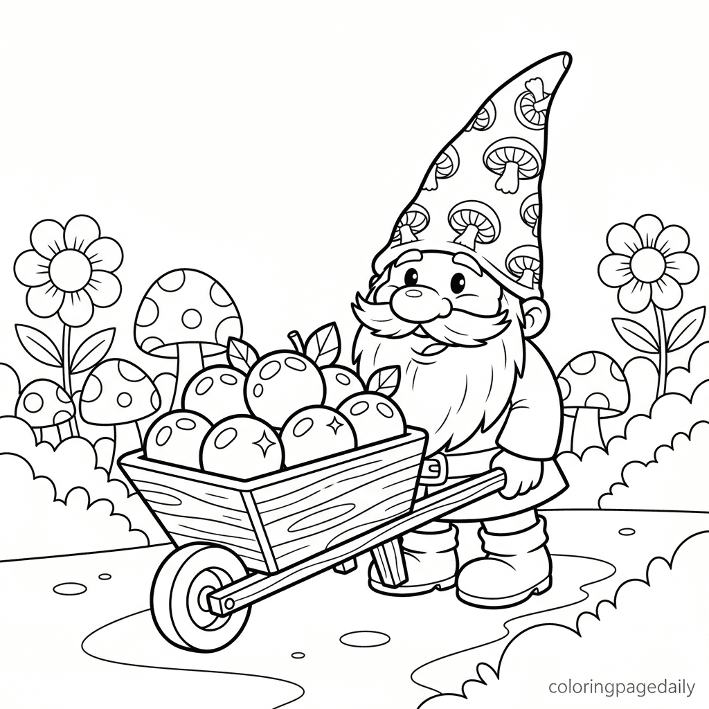 Gnome Pushes a Berry Barrow - Daily printable coloring page in Kids - Mythical Creature category