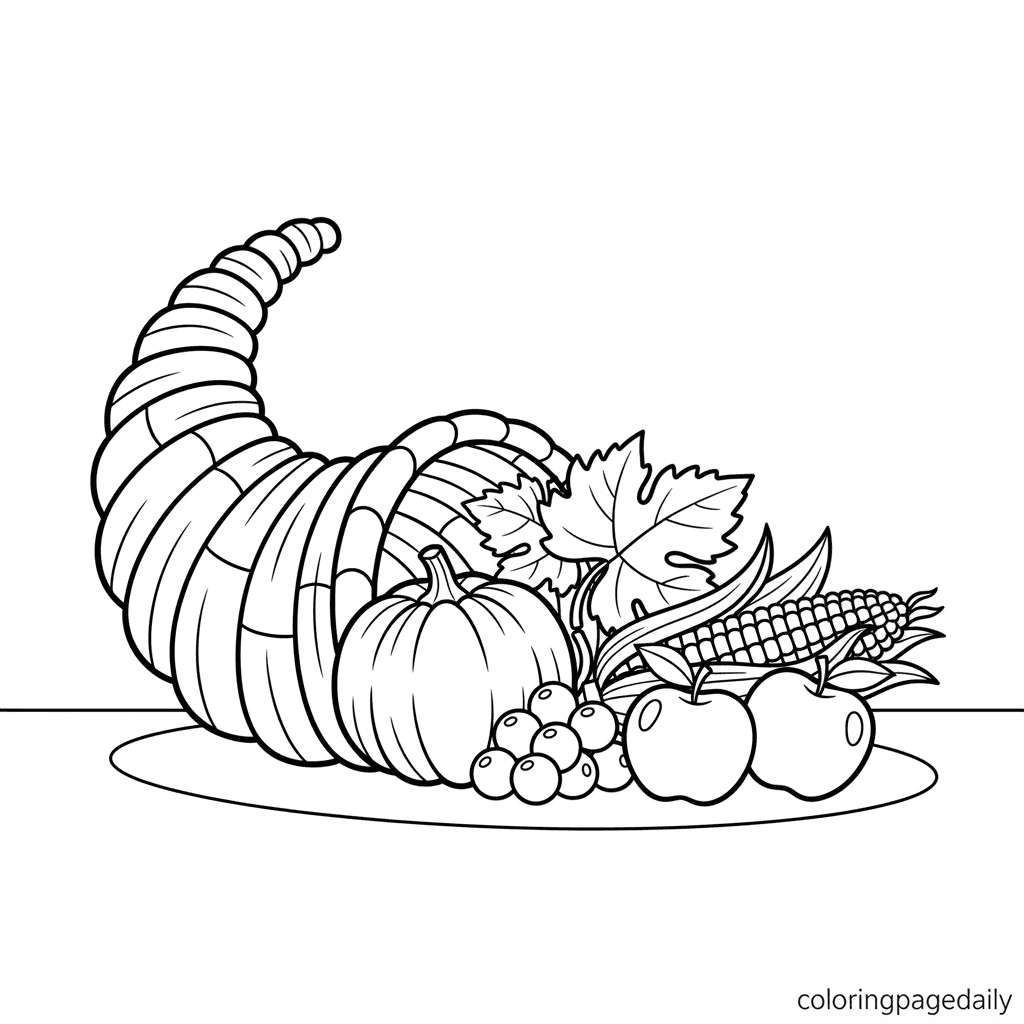 Cornucopia's Bountiful Autumn Harvest - Daily printable coloring page in Kids - Thanksgiving category