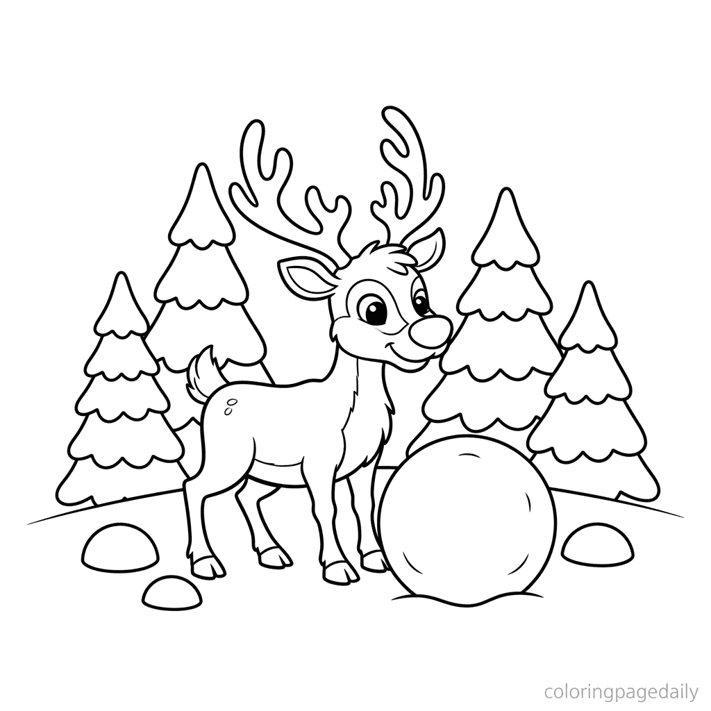 Reindeer Pushes a Big Snowball - Daily printable coloring page in Kids - Winter and Snow Season category