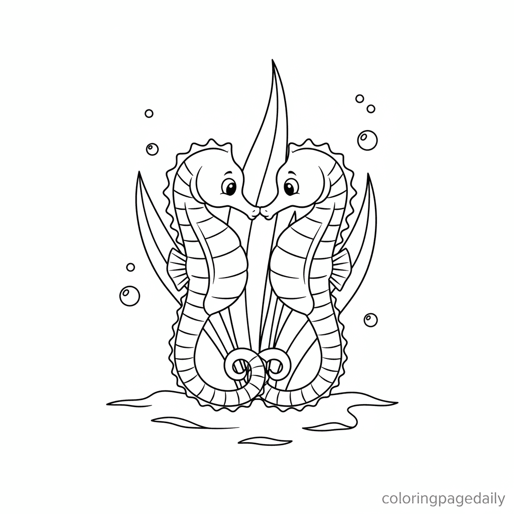 Seahorses Share a Gentle Nuzzle - Daily printable coloring page in Kids - Ocean and Underwater Life category