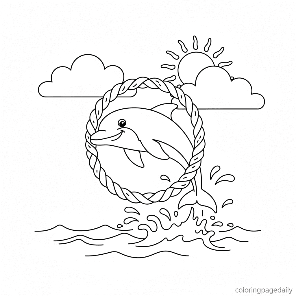Dolphin Leaps Through Seaweed Hoop - Daily printable coloring page in Kids - Ocean and Underwater Life category