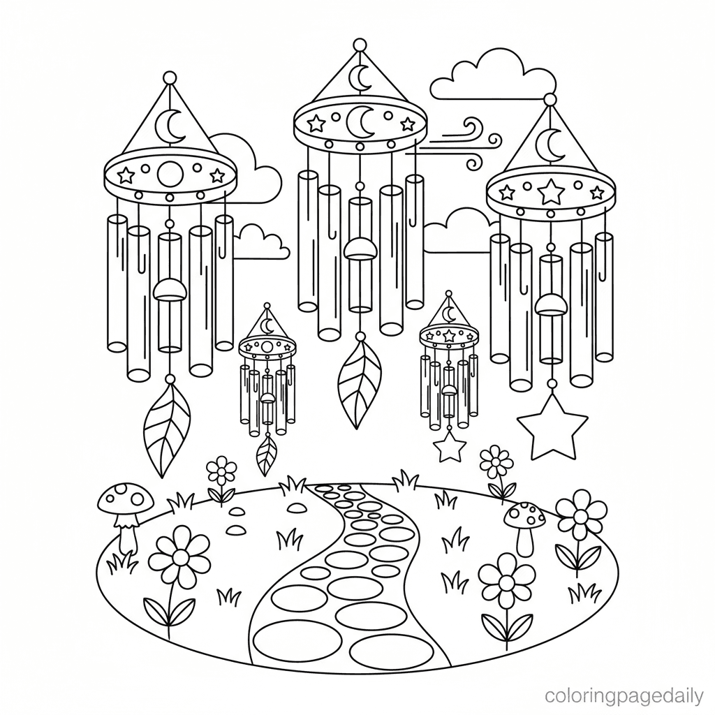 The Magical Wind Chime Forest - Daily printable coloring page in Kids - Scenery category
