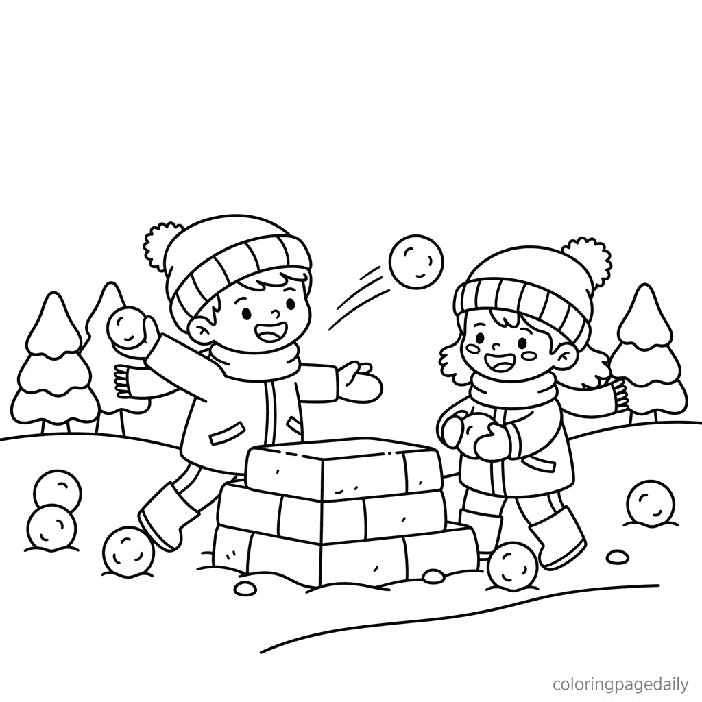 Kids Having a Snowball Fight - Daily printable coloring page in Kids - Winter and Snow Season category