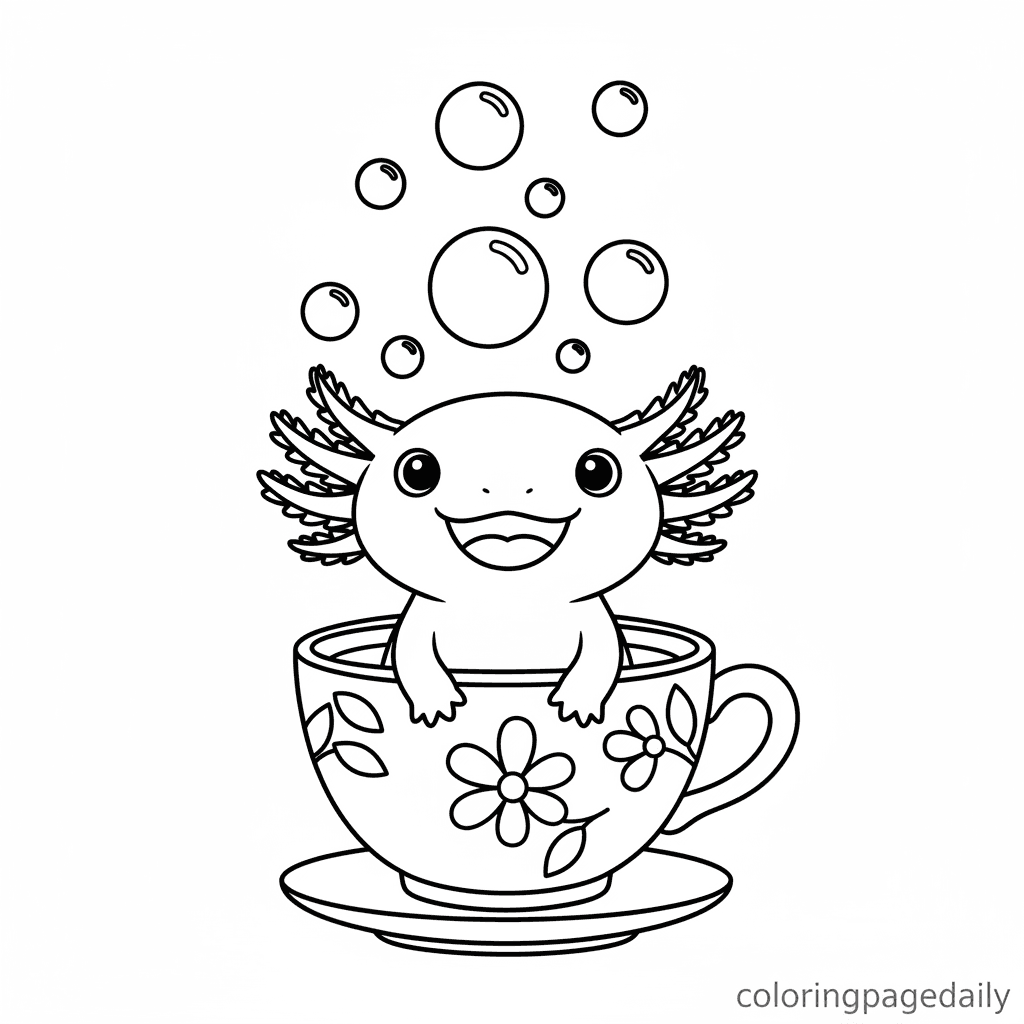 Axolotl's Teacup Swim - Daily printable coloring page in Kids - Animals category