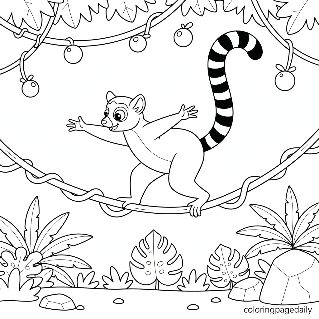 Lemur's Jungle Tightrope Walk - Daily printable coloring page in Kids - Animals category