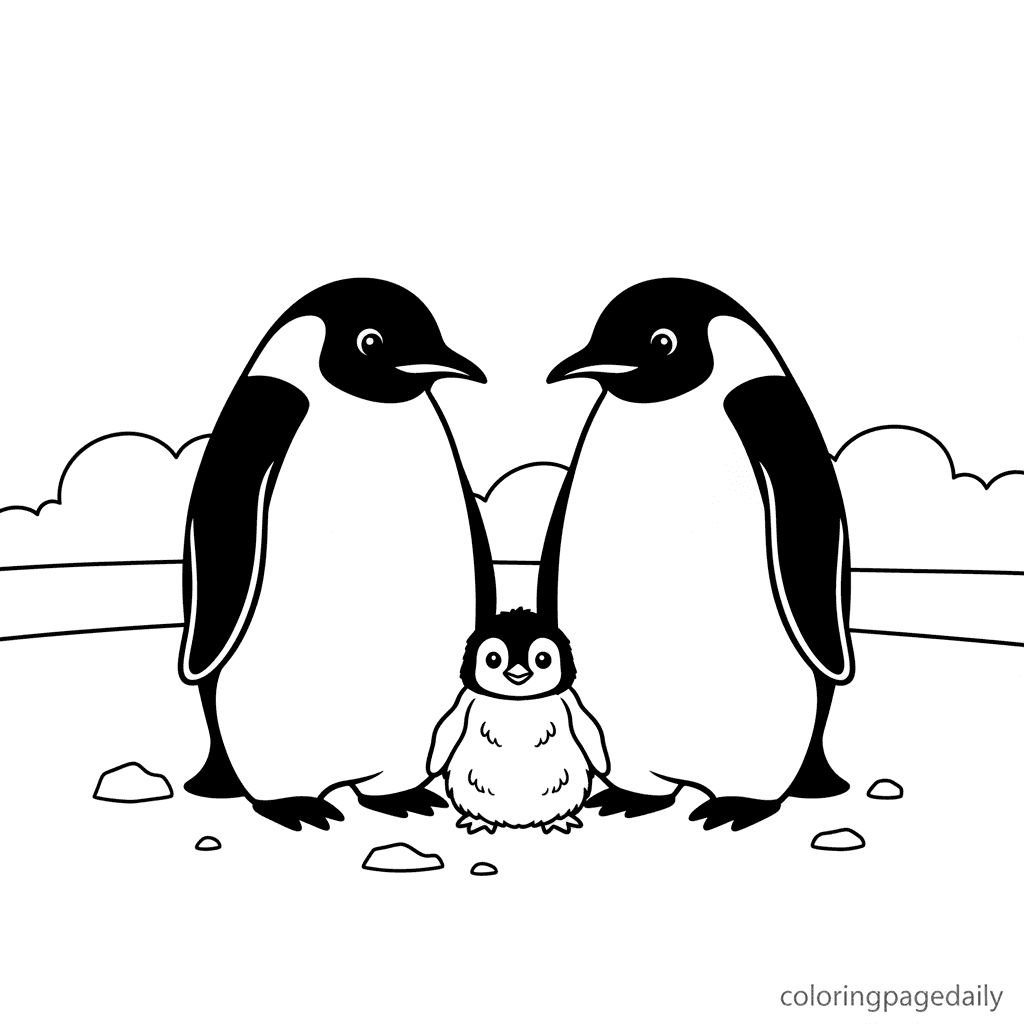 Penguin Family's Warm Huddle - Daily printable coloring page in Kids - Winter and Snow Season category