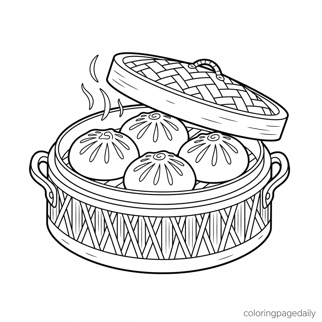 Steamed Buns in a Bamboo Steamer - Daily printable coloring page in Kids - Food category
