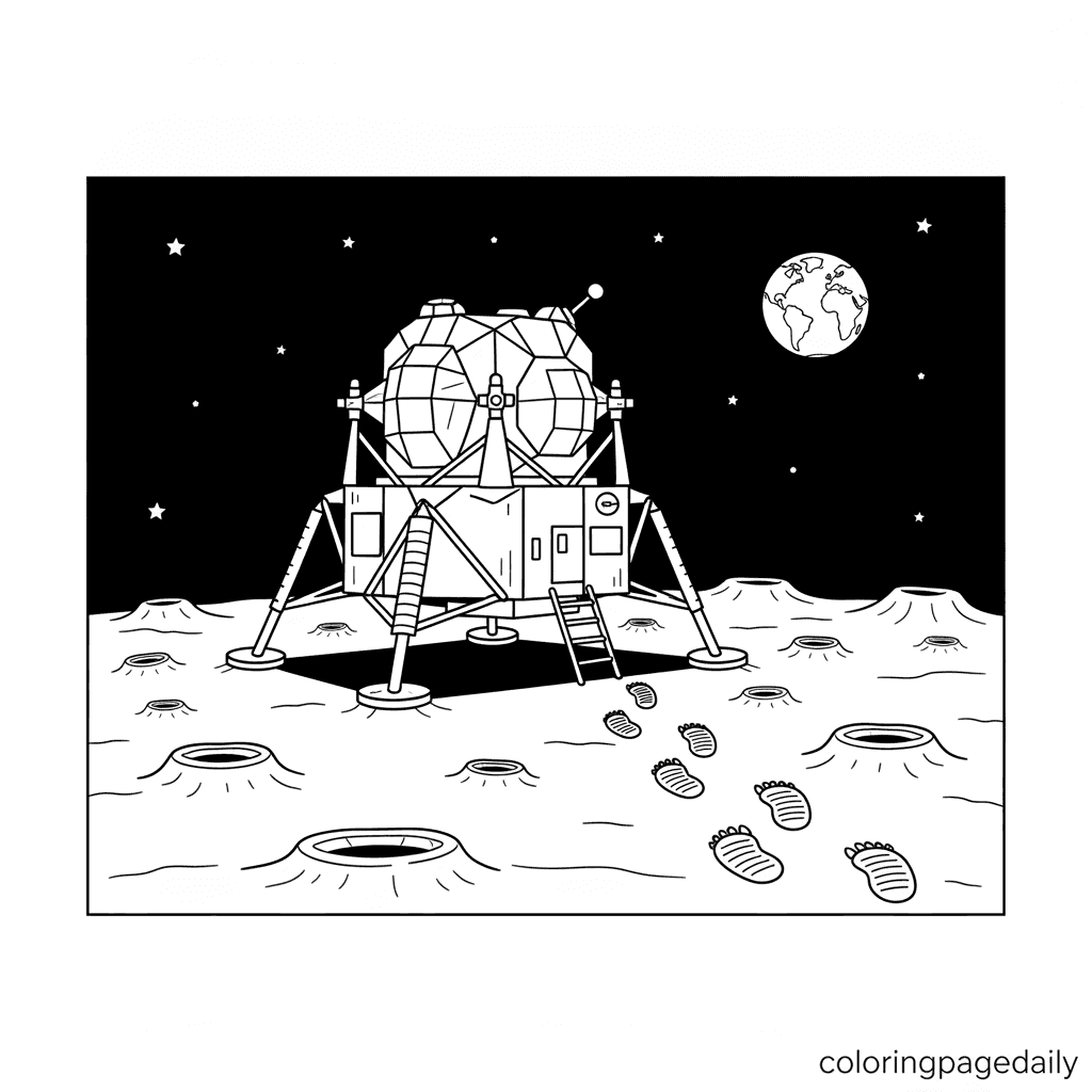 Lunar Lander on the Moon's Surface - Daily printable coloring page in Kids - Space category