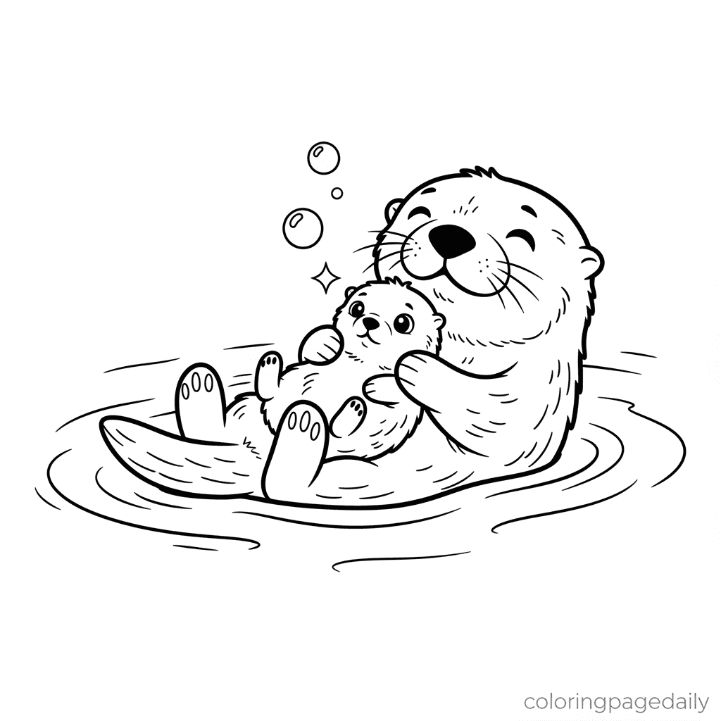 Sea Otter Mother Cuddles Her Pup - Daily printable coloring page in Kids - Ocean and Underwater Life category