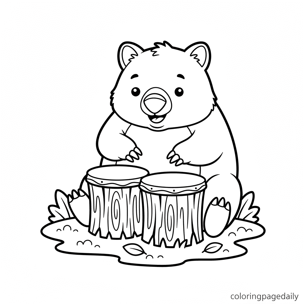 Wombat Playing Log Drums - Daily printable coloring page in Kids - Animals category