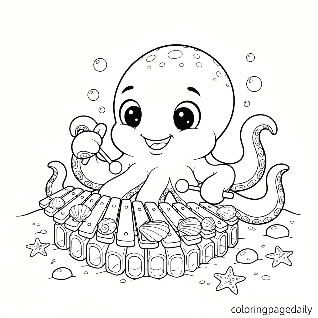 Baby Kraken's Shell Xylophone - Daily printable coloring page in Kids - Mythical Creature category
