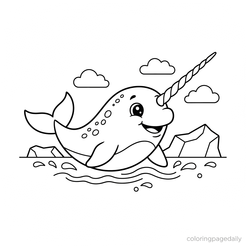 Narwhal Swimming in Ice - Daily printable coloring page in Kids - Winter and Snow Season category