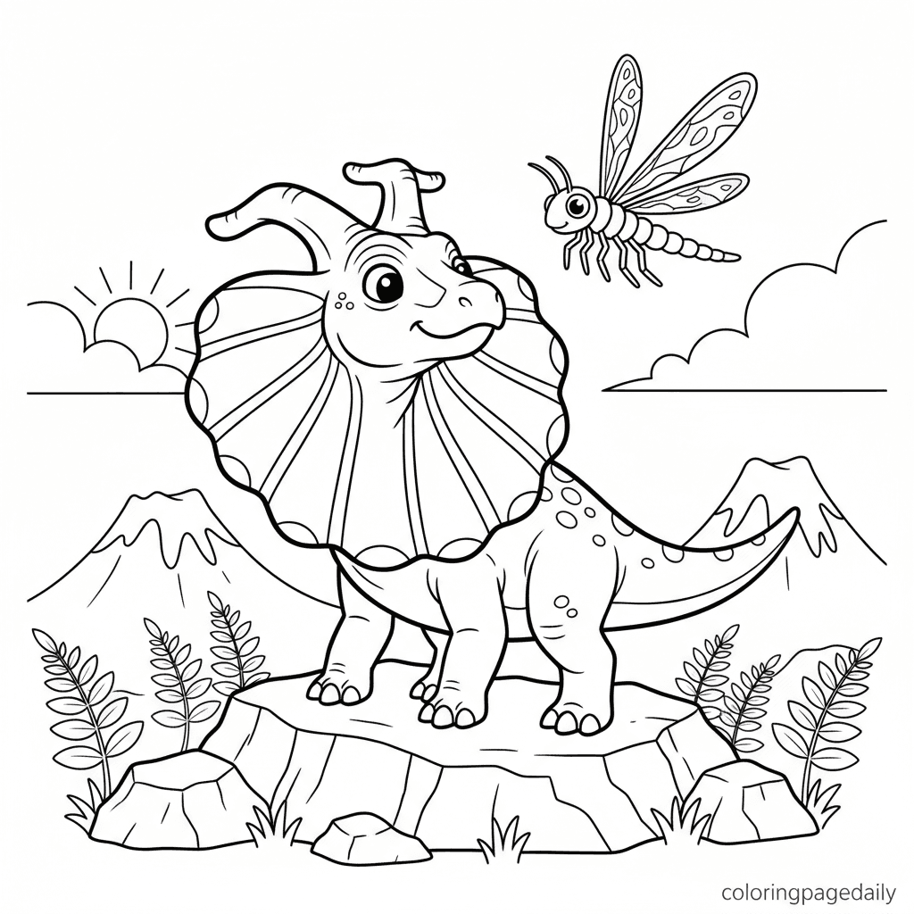 Dilophosaurus Shows Its Frills - Daily printable coloring page in Kids - Dinosaur category