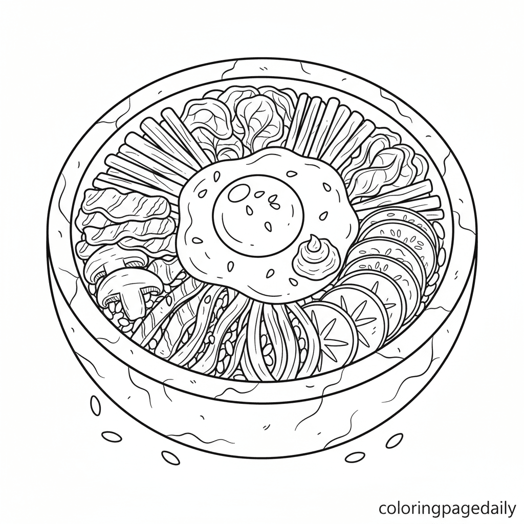 Tasty Korean Bibimbap Bowl - Daily printable coloring page in Kids - Food category