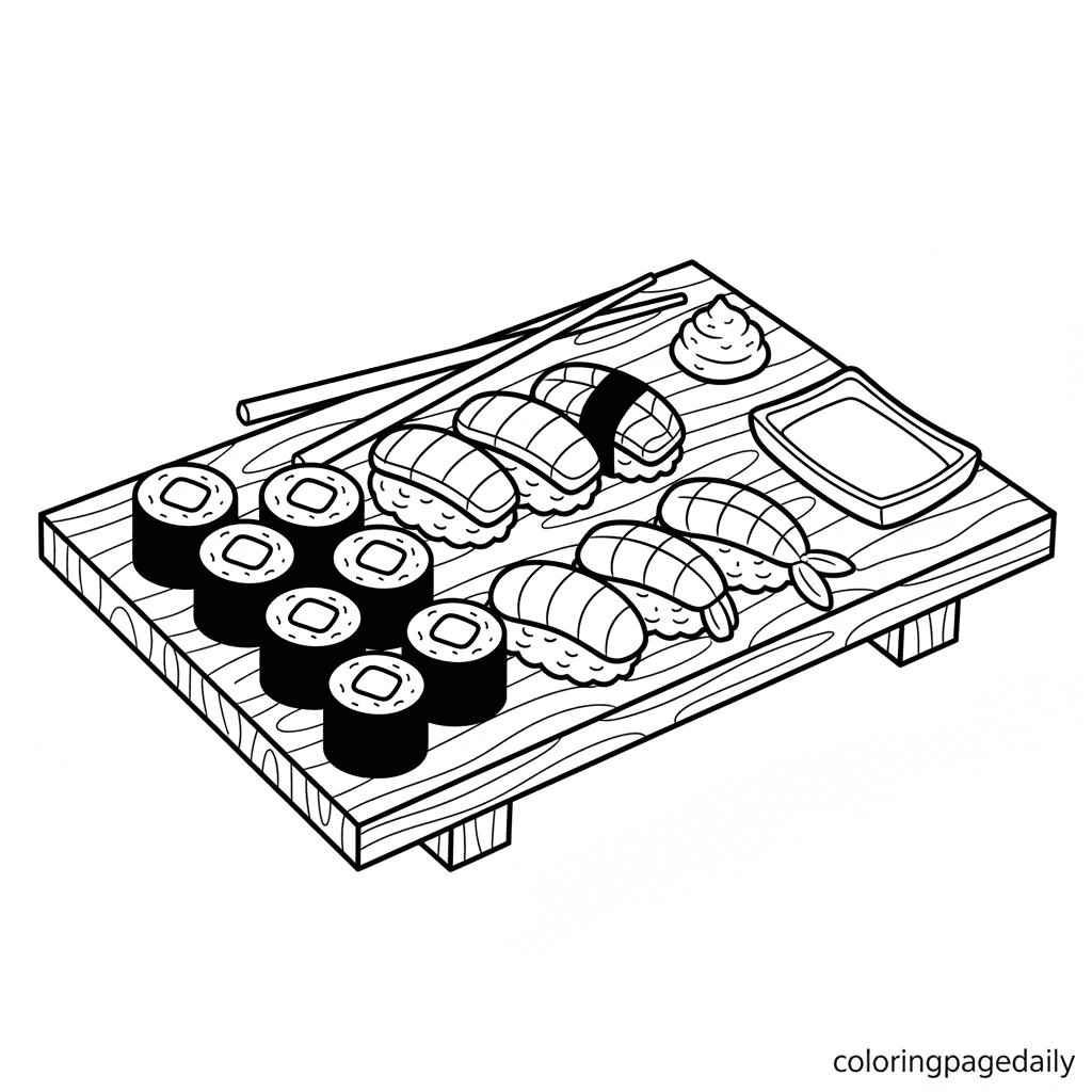 Japanese Sushi Platter - Daily printable coloring page in Kids - Food category