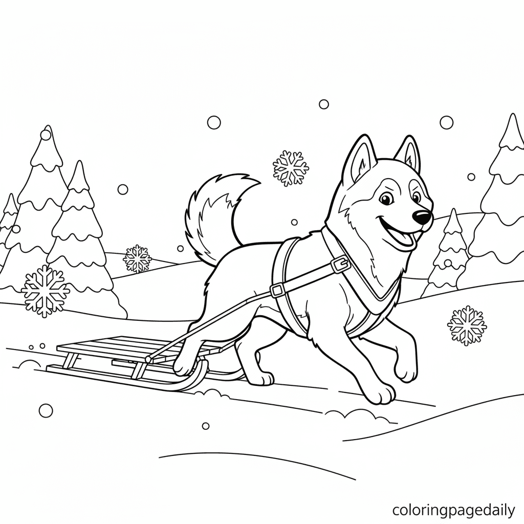 Husky Pulling a Sled - Daily printable coloring page in Kids - Winter and Snow Season category