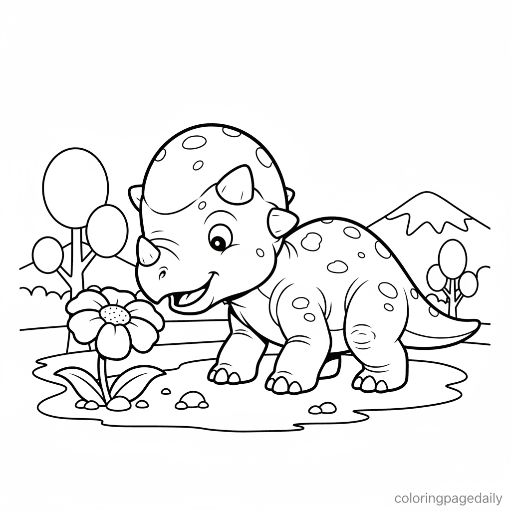 Pachycephalosaurus Sniffs Flower - Daily printable coloring page in Kids - Dinosaur category