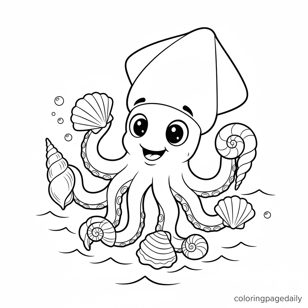 Squid Collecting Seashells - Daily printable coloring page in Kids - Ocean and Underwater Life category