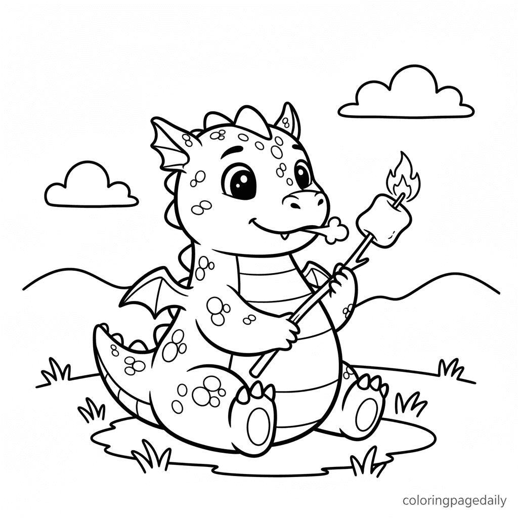 Dragon Roasting Marshmallows - Daily printable coloring page in Kids - Mythical Creature category