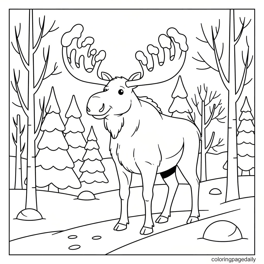 Moose in the Snow - Daily printable coloring page in Kids - Winter and Snow Season category