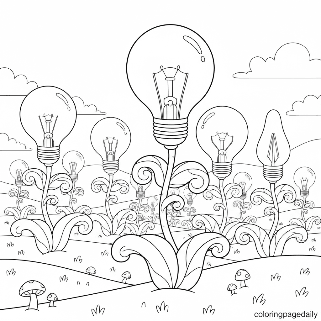 Magical Lightbulb Forest - Daily printable coloring page in Kids - Scenery category