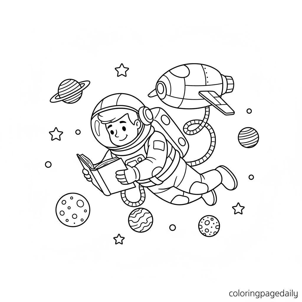 Astronaut Reading in Space - Daily printable coloring page in Kids - Space category