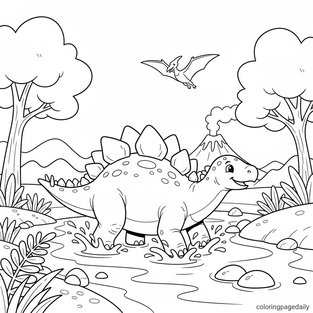 Stegosaurus River Crossing - Daily printable coloring page in Kids - Dinosaur category