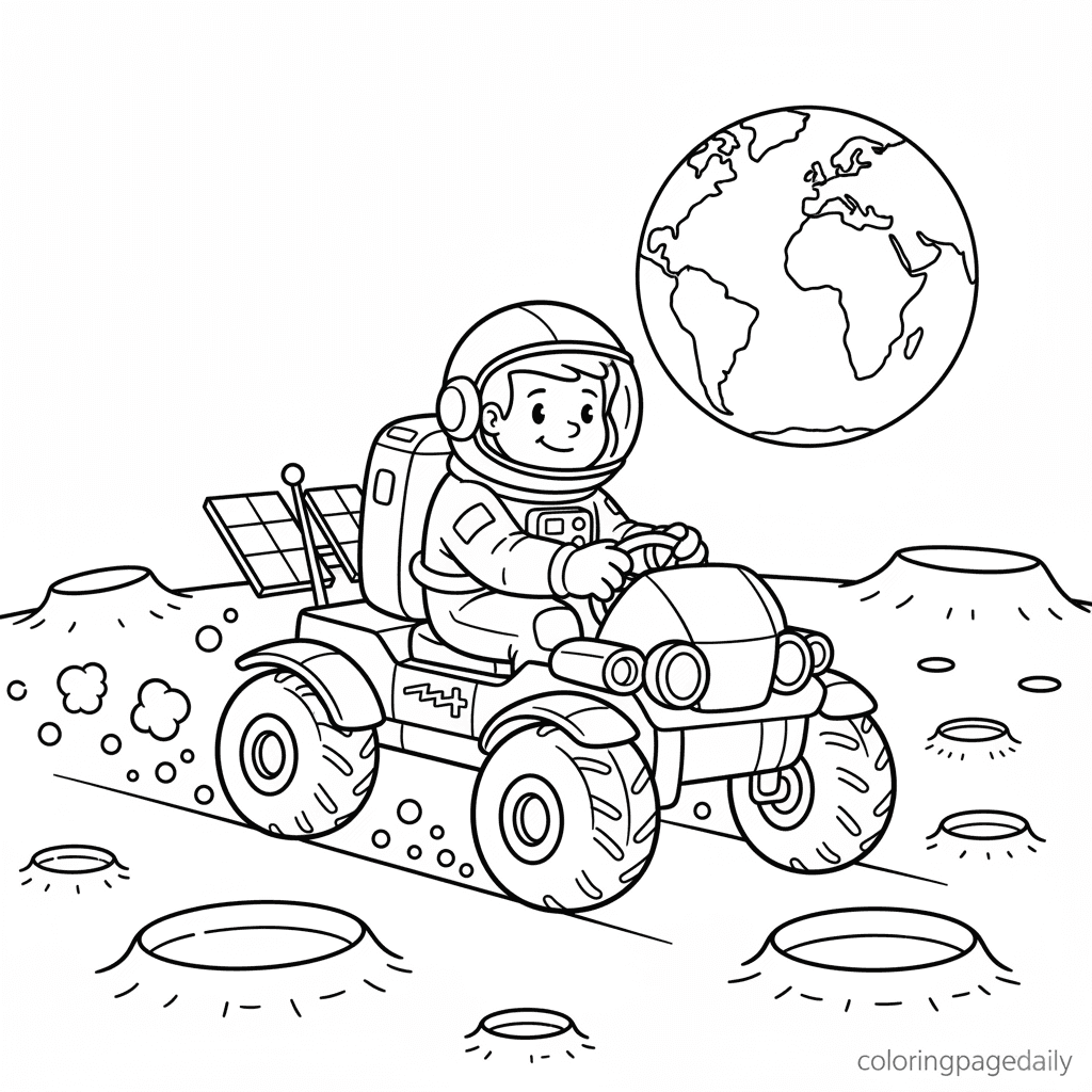 Astronaut Driving Moon Buggy - Daily printable coloring page in Kids - Space category