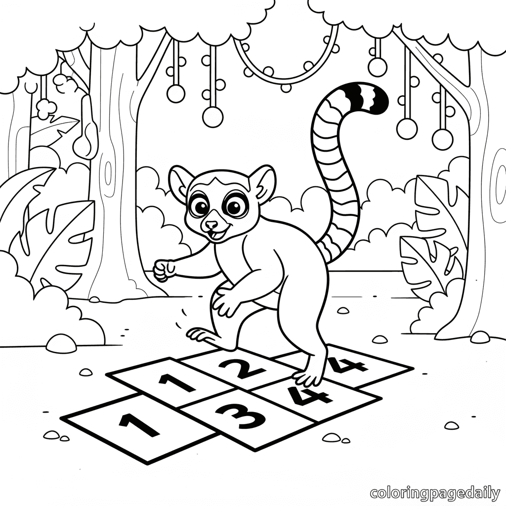 Lemur Playing Hopscotch - Daily printable coloring page in Kids - Animals category