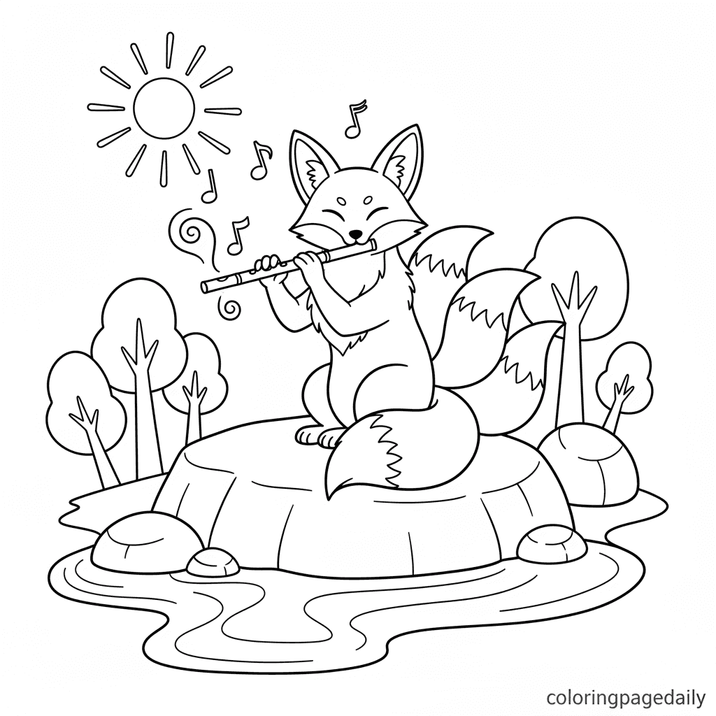Kitsune Playing Flute - Daily printable coloring page in Kids - Mythical Creature category
