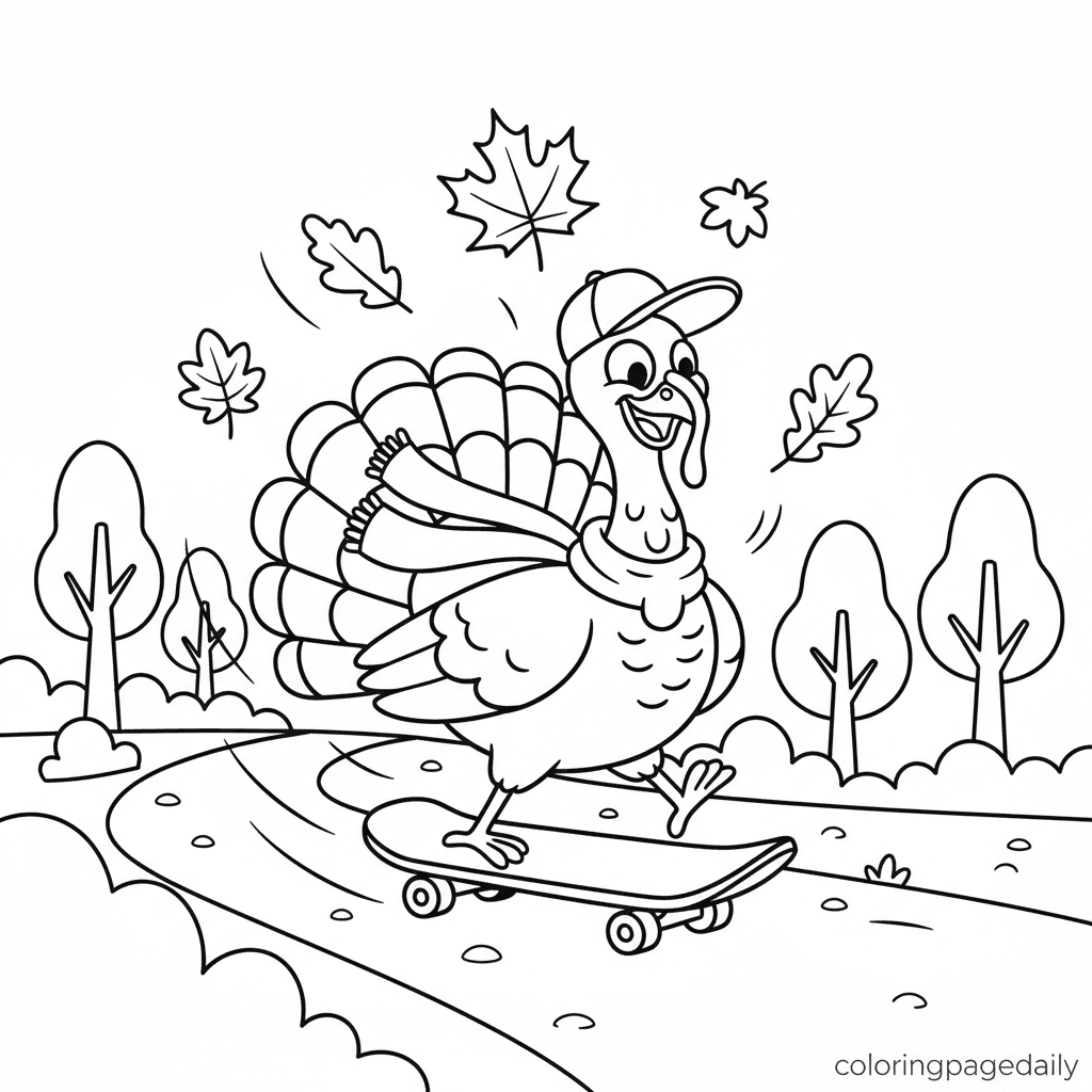 Turkey Riding Skateboard - Daily printable coloring page in Kids - Thanksgiving category